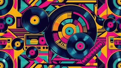 Vibrant Retro Music Pattern Vinyl Records, Cassette Tapes, and Geometric Shapes
