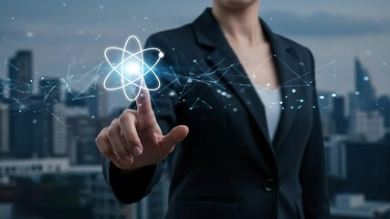 Scientific Innovation: Woman in blazer touching glowing atom, advancing future technologies with cutting-edge digital connection in urban cityscape. - Powered by Adobe