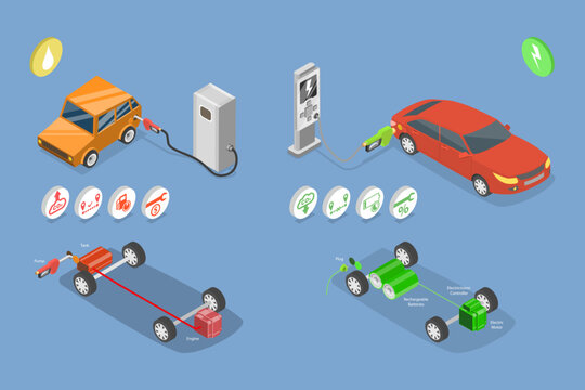 3D Isometric Flat Vector Illustration of Gasoline Vs Electric Cars, Comparison With Refueling And Charging Stations