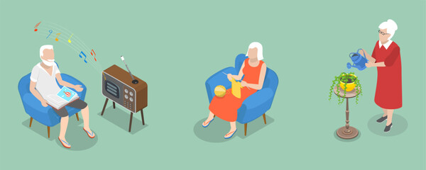 3D Isometric Flat Vector Illustration of Leisure Fun, Elderly Men And Women Enjoying Hobbies At Nursing Home