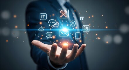 Man's hand displays digital IT support icons.