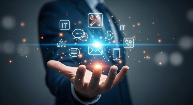 Man's hand displays digital IT support icons.