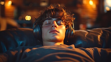 Fototapeta premium Serene Young Man Enjoying Music with Headphones Indoors