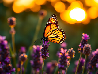 Obraz premium Monarch butterfly sipping nectar in lavender field 