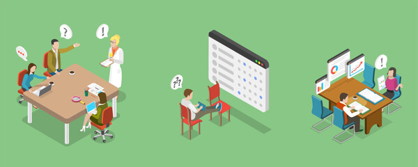 3D Isometric Flat Vector Illustration of Company Strategy Conference, Market Research Meeting