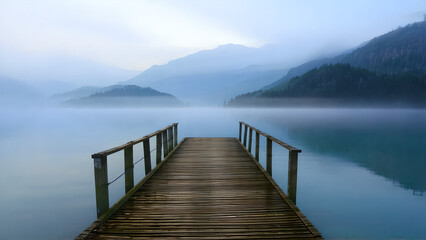 Obraz premium Rustic wooden pier over misty lake 