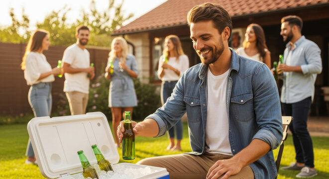 Man enjoying drinks at outdoor party with friends in backyard  