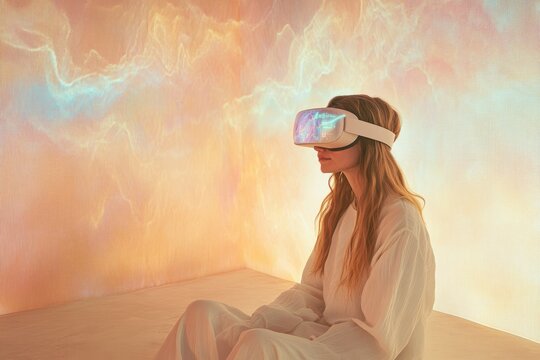 Woman immersed in virtual reality, experiencing a colorful, abstract digital world.