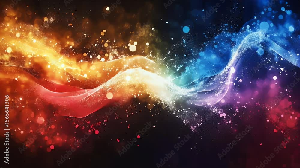 Poster abstract swirling color wave with dynamic particles and dark background