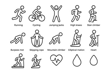 Exercise icon set featuring various workout activities on dark background