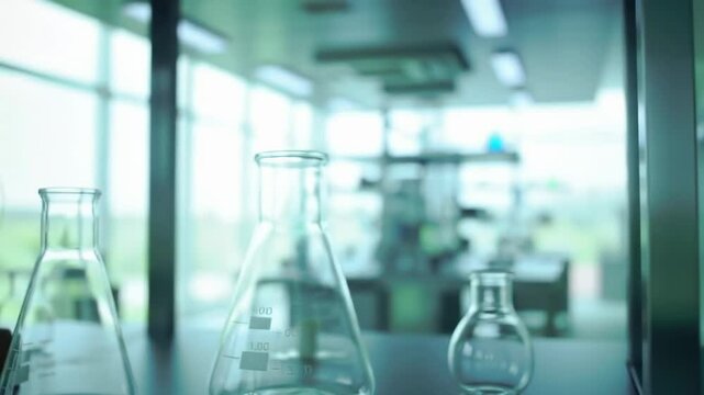 Laboratory glassware on a bench in a science research lab