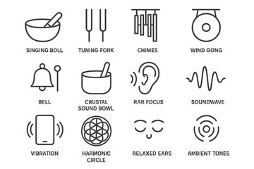 Sound therapy icons: singing bowl, tuning fork, chimes, wind gong, bell