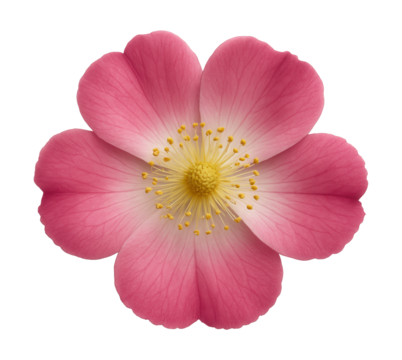 Pink wild rose with five broad, slightly serrated petals and a central cluster of stamens