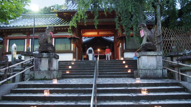 people walking down stairs in japanese tample