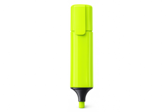 Bright yellow highlighter pen with cap, positioned vertically against transparent background, showcasing clean studio lighting