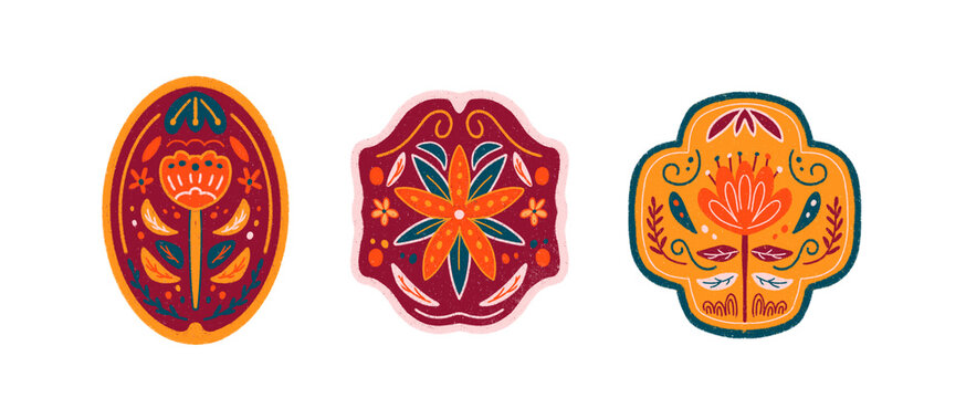 set of ornaments stamps floral red design illustration isolated