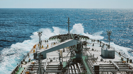Massive tanker sailing in the ocean. View from the bridge showing deck and waves hitting the ship