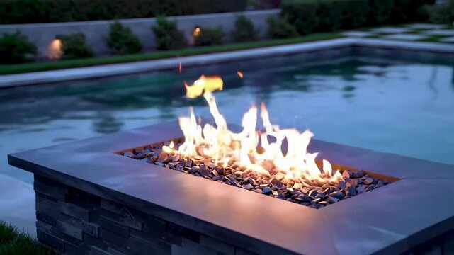 Fire pit next to a swimming pool during twilight hours at night