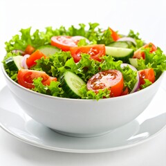 Vibrant fresh garden salad in a white bowl, with crisp lettuce, ripe tomatoes, cool cucumbers, and red onions. A nutritious, healthy meal embodying wholesome eating.