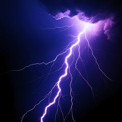 a purple lightning bolt striking across a dark, dramatic night sky. The branching lightning bolts light up the sky, creating an intense and powerful atmosphere