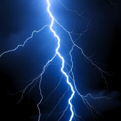 lightning striking in the dark night sky. The lightning bolt is very bright and branching and emits a lot of energy, creating a sharp contrast against the dark sky
