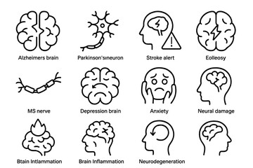 Medical icons depicting neurological disorders and brain health issues