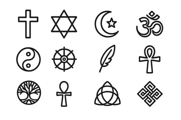 Diverse spiritual and religious symbols on a dark background