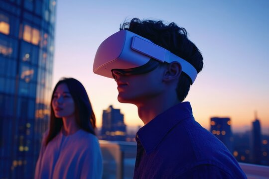 A young man experiences virtual reality on a rooftop at sunset, a woman observes.