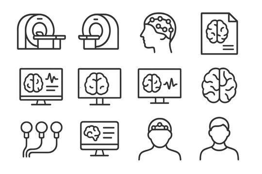 Brain mri and eeg icon set for neurological diagnostics and analysis