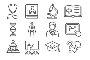 Medical icons - stethoscope, dna, microscope, doctor, and education symbols