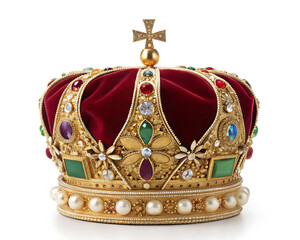 A detailed view of a golden crown adorned with jewels and pearls on a white background isolated shot