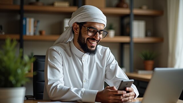 Cheerful mature man using his smartphone in his home office Muslim business. Authentic Arabian style.
