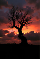 &aacute;rbol, atardecer, naturaleza, paisaje, silueta, sol, vector, ilustraci&oacute;n, cielo, halloween, anaranjada, amanecer, oto&ntilde;al, negro, contraluz