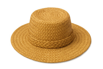 Braided-ribbon yellow straw hat resting against white background, embodying summer leisure and outdoor style
