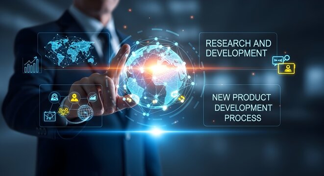 Businessman interacts with a digital globe, showcasing Research & Development and New Product Development processes.