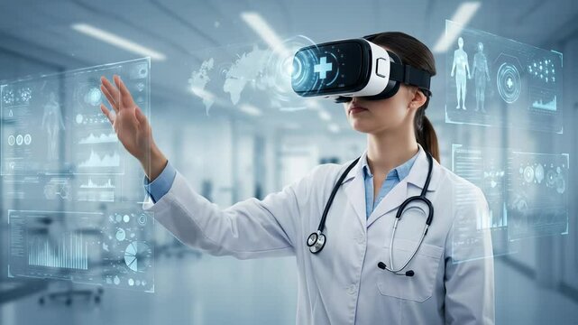Woman in her 30s Uses VR for Innovative Healthcare with Interactive Holographic Medical Data in a Modern Hospital. - Powered by Adobe