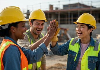 Construction Team Celebrating Success with High Five
