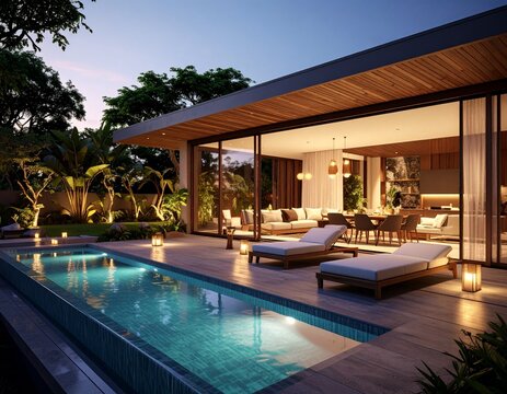 Luxury Poolside Villa at Dusk A Tranquil Evening Escape
