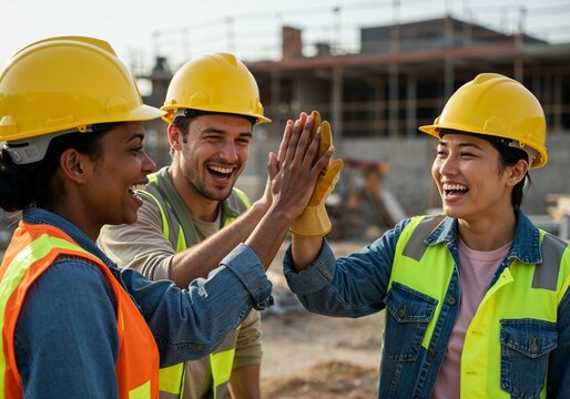 Construction Team Celebrating Success with High Five