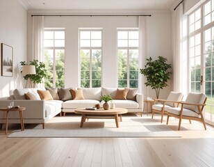 Fototapeta premium Bright and Airy Living Room Interior Design with Natural Light and Modern Furniture