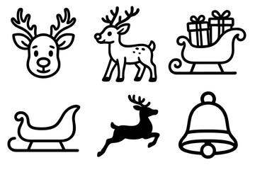 6 black and white reindeer icons. Cartoon vector for Christmas themes.