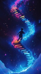 Obraz premium Child runs on vibrant spiral stairway, night sky. Possible use Motivation