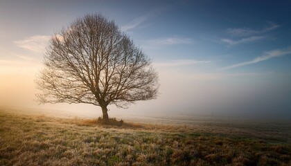 Obraz premium solitary bare tree in a misty landscape with soft light hues