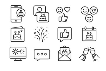 Social media celebration icons with cake and cheers