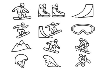 Obraz premium Winter sports icons: snowboarding, boots, helmet, mountains, goggles