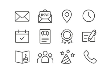Monochrome event icons: rsvp, calendar, location, clock, certificate, party hat