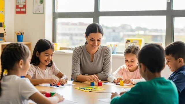 Teacher guiding children through counting activity at round table in bright classroom

