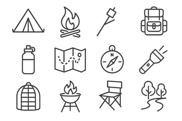 Fototapeta premium Camping icons set: tent, campfire, backpack, map, compass, flashlight