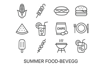 Fototapeta premium Summer food icons: barbecue, burgers, drinks, corn, watermelon, chips