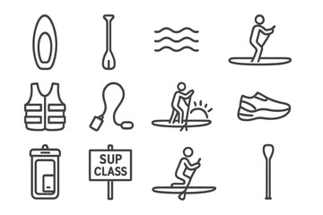 Paddleboarding icons: sup board, paddle, waves, life jacket, safety gear